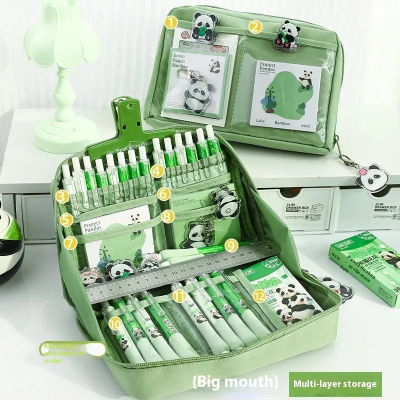 Green canvas pencil case with panda design showing 12-layer compartments open