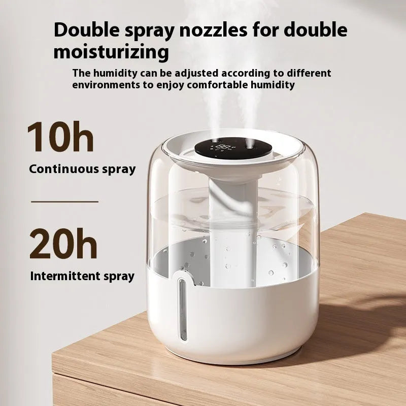 Beige round USB humidifier with dual spray nozzles, digital display, and night light on a table