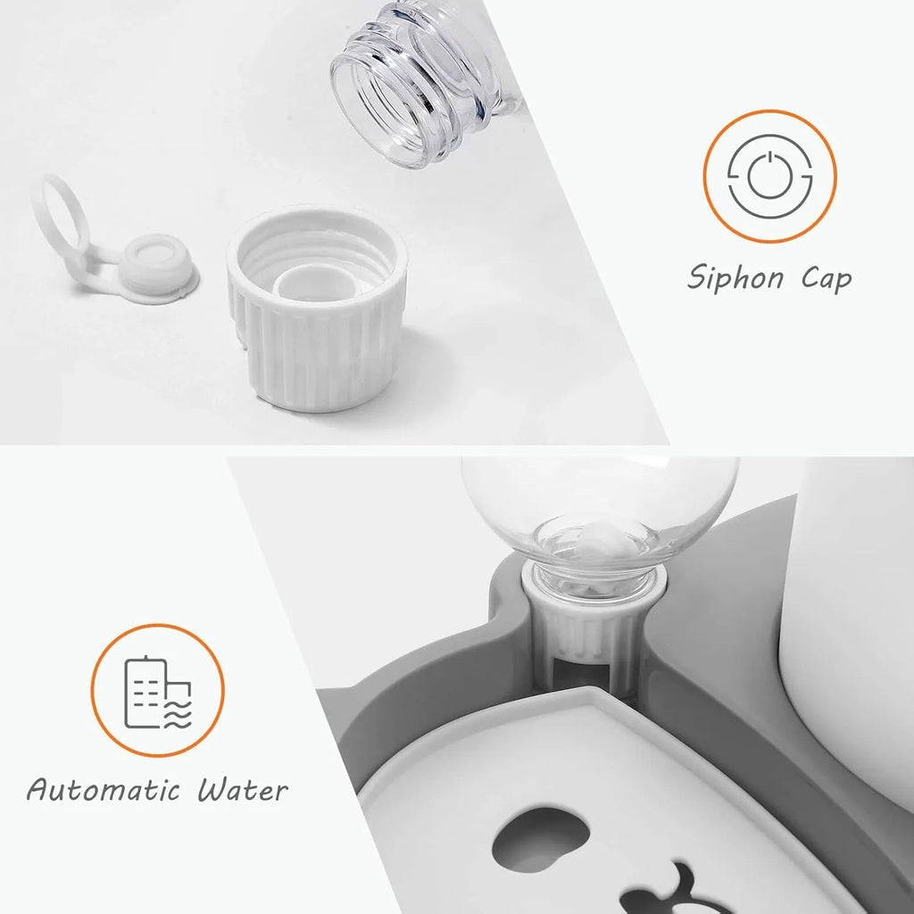 Grey and green panda-shaped raised pet bowl set with tilted bowls and a large water bottle.