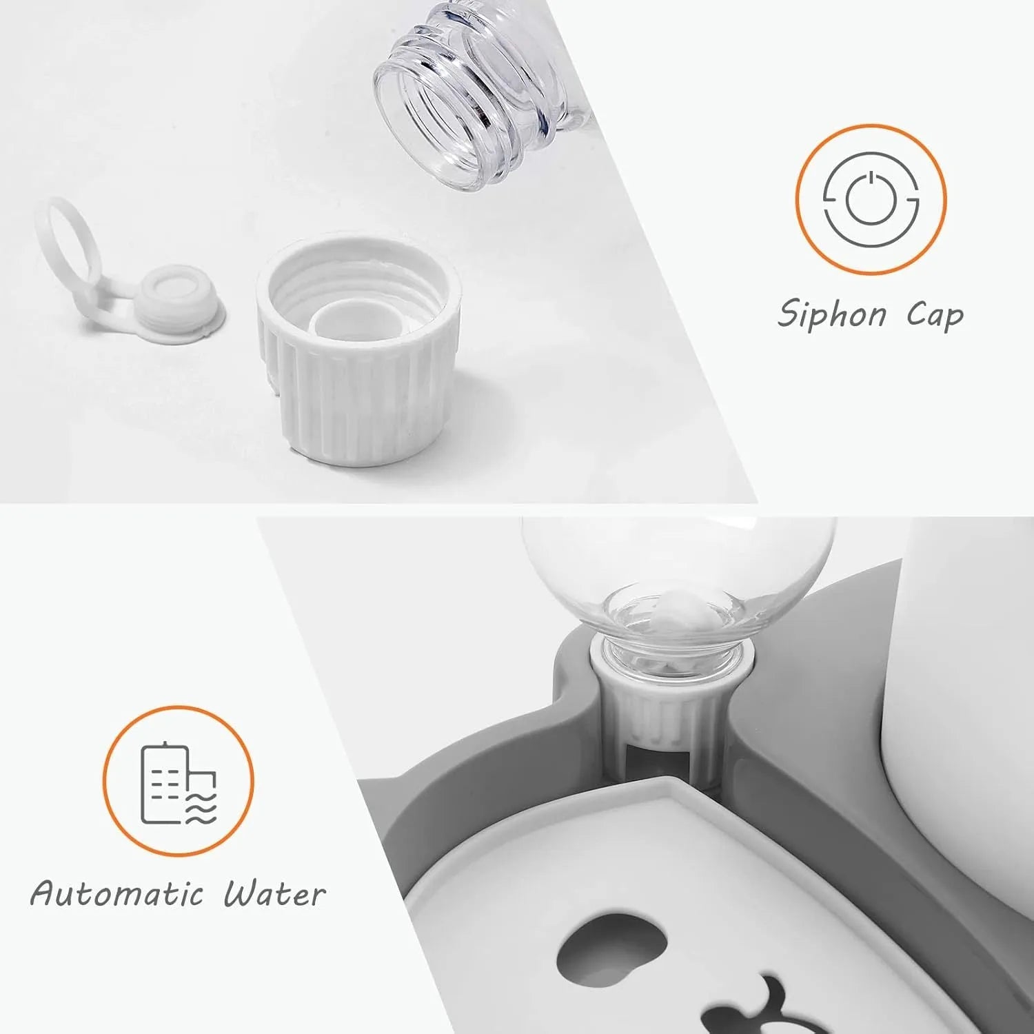 Grey and green panda-shaped raised pet bowl set with tilted bowls and a large water bottle.