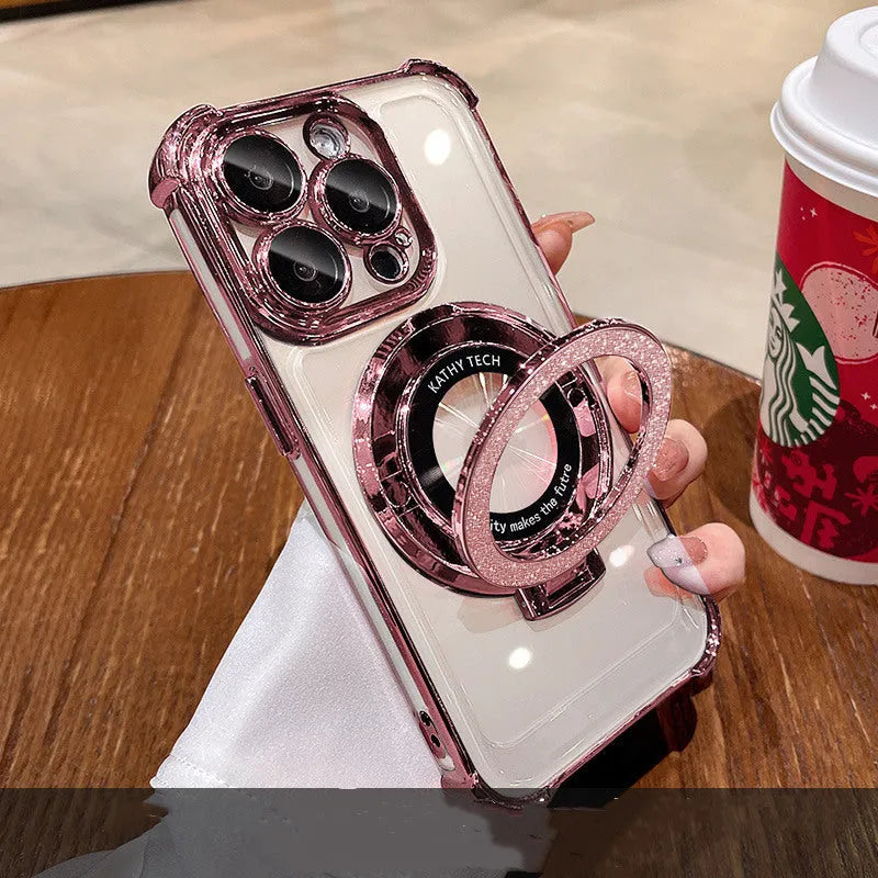 Glitter electroplated drop-resistant phone case for iPhone 16 with folding bracket and mirror finish in black