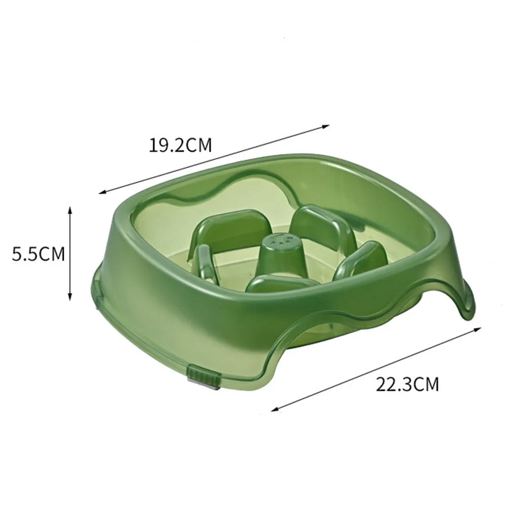 Blue plastic dog slow feeder bowl with internal maze pattern for portion control.