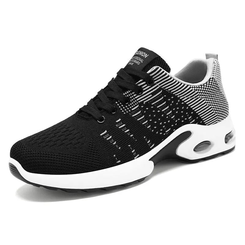 Men's low-top black and grey casual sneakers with breathable mesh upper and flat sole