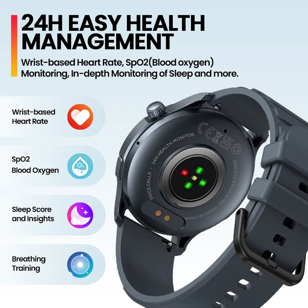 Btalk 3 Pro smart watch in blue, gray and pink colours showing AMOLED display with health metrics