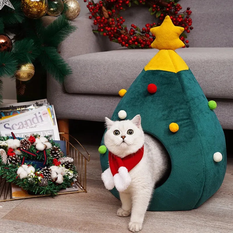 Red and green Christmas tree-shaped pet cave bed with removable cushion