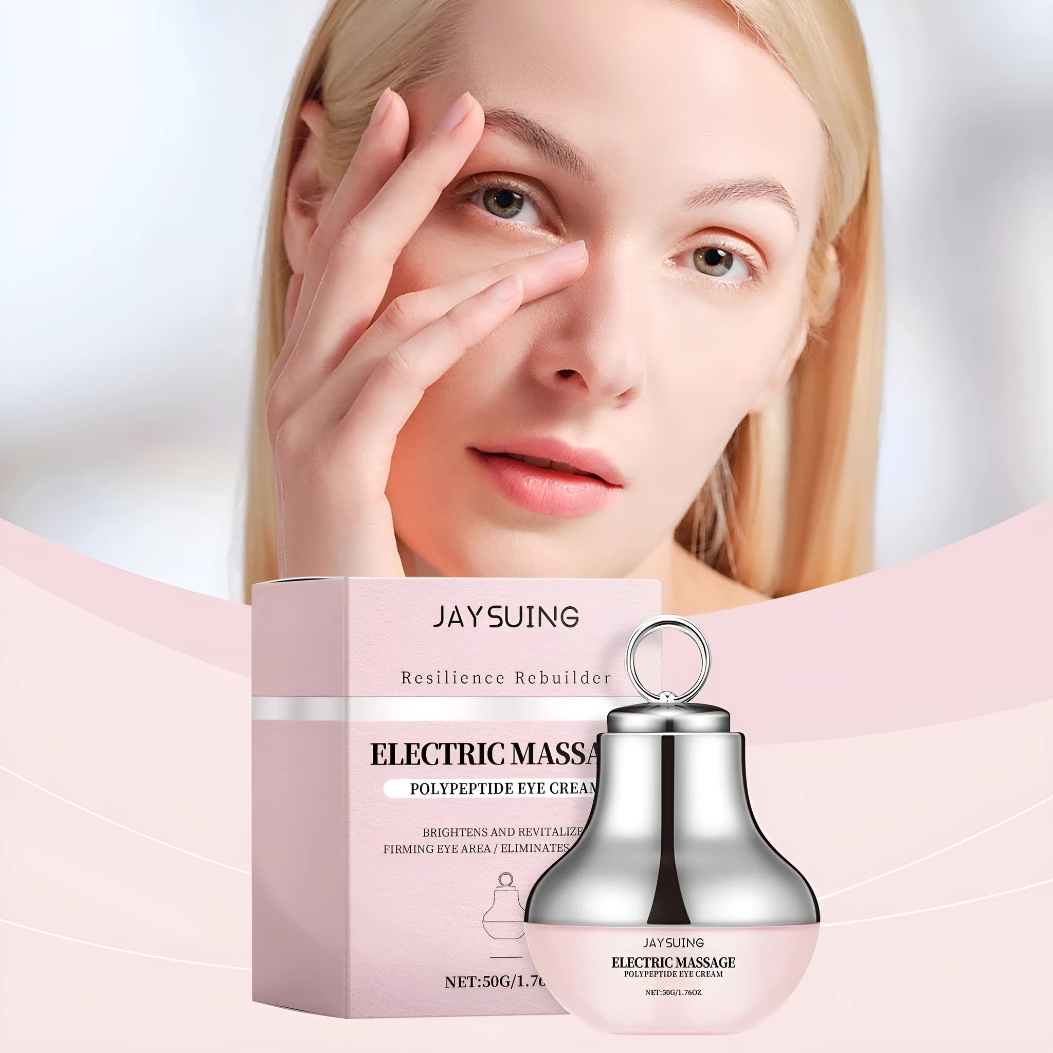 Electric vibrating eye cream dispenser unit, 7.7x11cm, containing 50g of firming moisturiser.