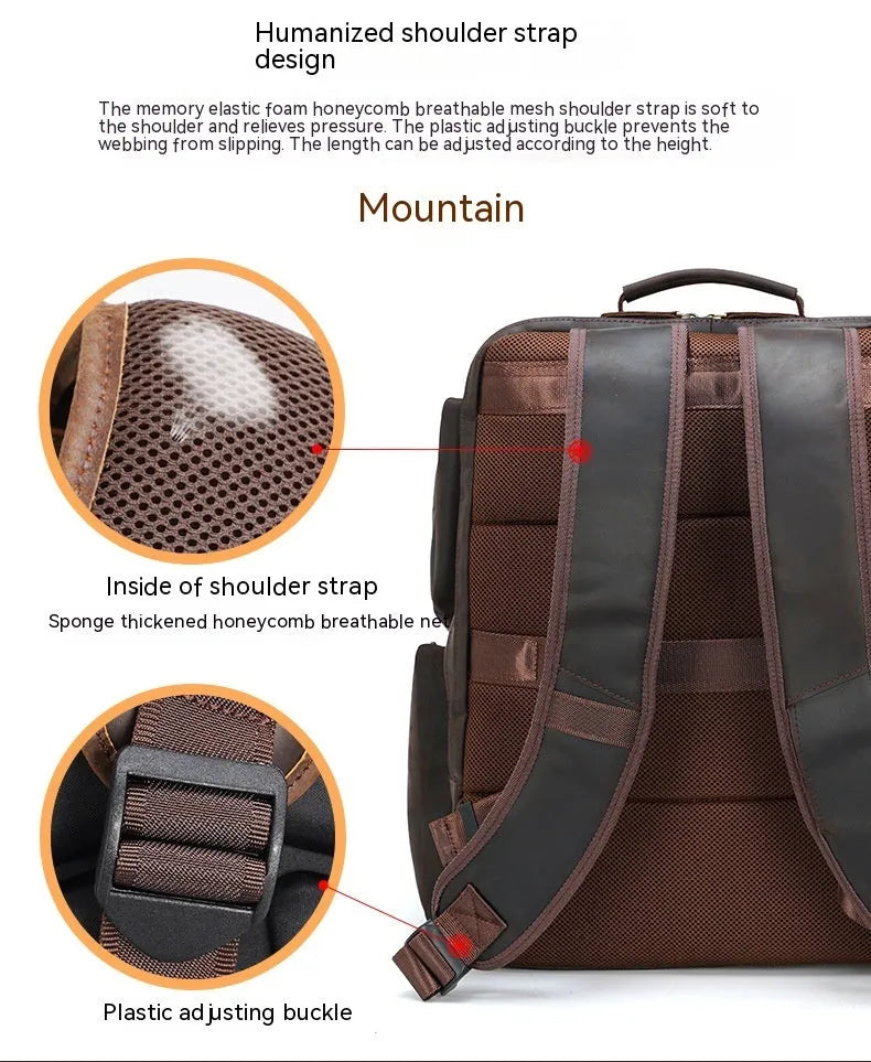 Dark brown retro leather backpack for men with a 17-inch laptop compartment open.