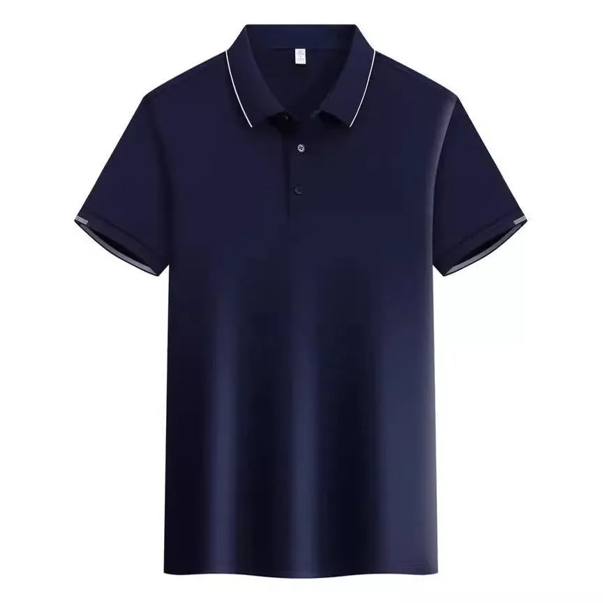 Men's loose fit cotton blend short sleeve polo shirt with a secondary collar lapel.