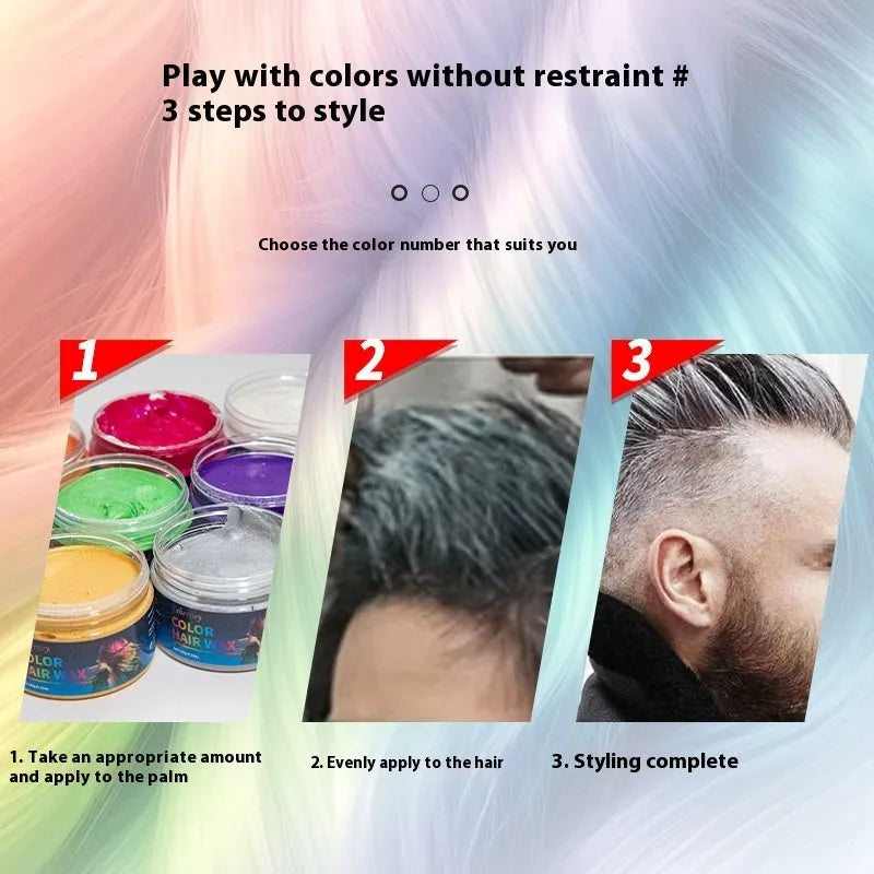 120g hair styling clay pot in one of nine colours: white, orange, red, yellow, blue, green, purple, rose, or granny grey