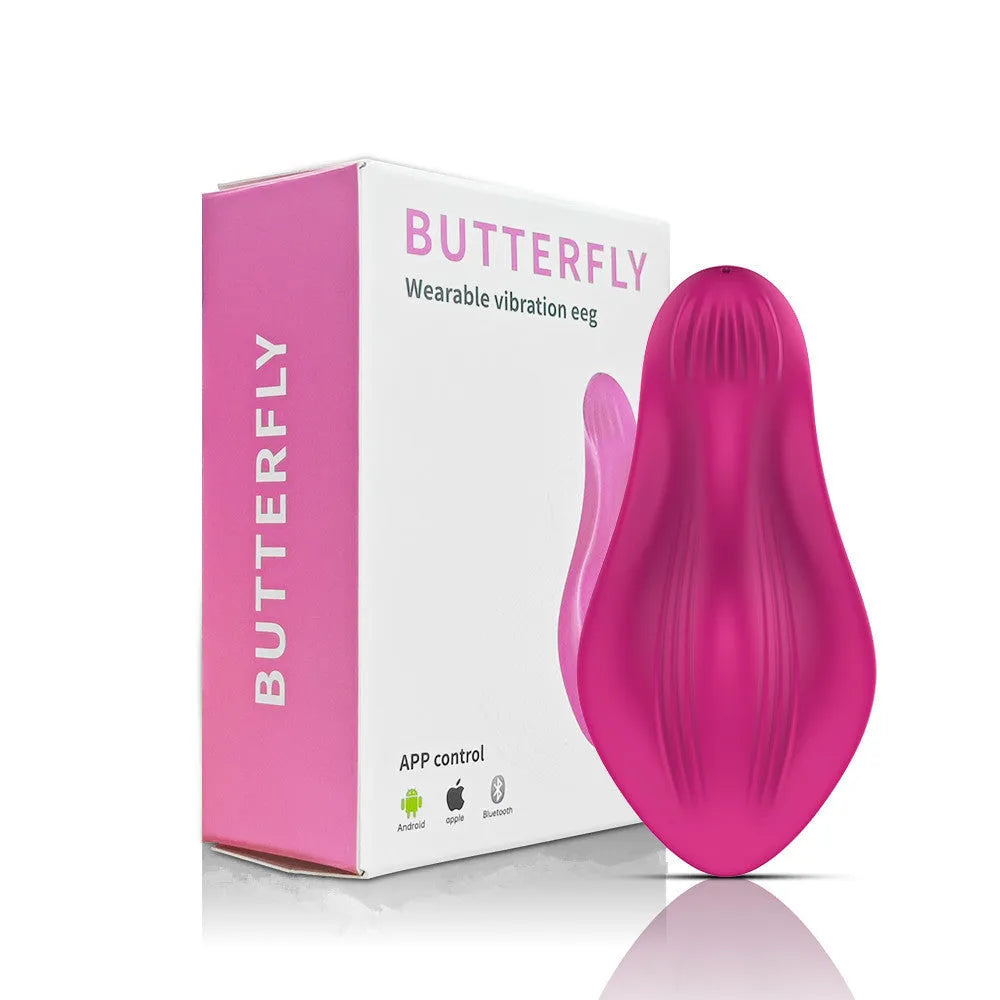Rose red wearable vibrator with butterfly shape for external stimulation, smartphone APP remote control