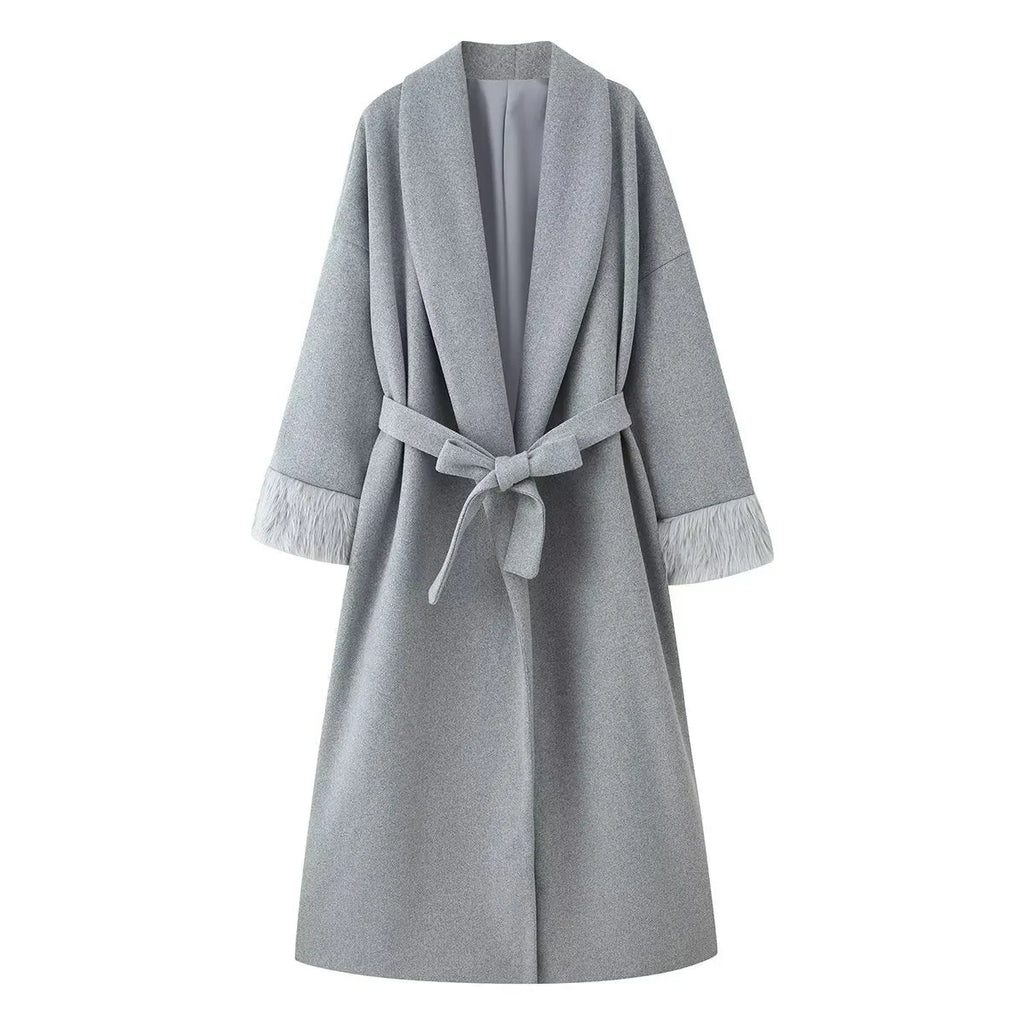 Women's loose fit woolen coat with lace cuffs in dark gray, apricot, or beige, sizes S to L