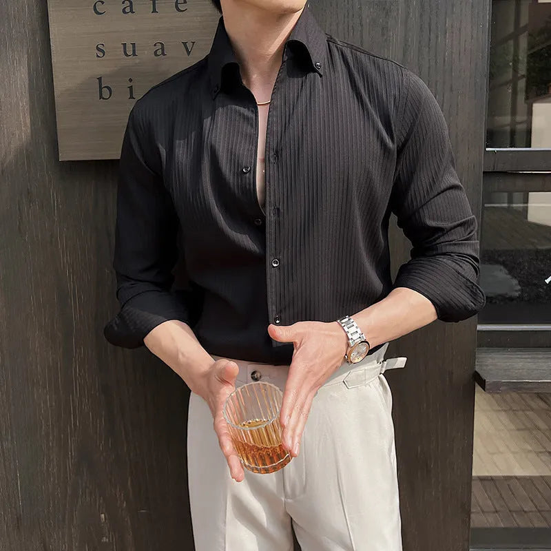Men's striped V-neck long sleeve cardigan shirt in a chemical fibre blend.