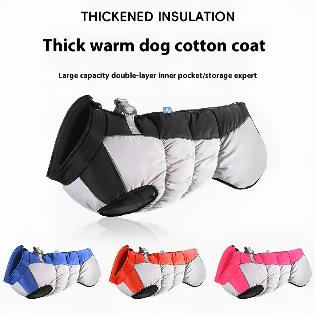 Large dog wearing a blue reflective waterproof winter coat with polar fleece lining.