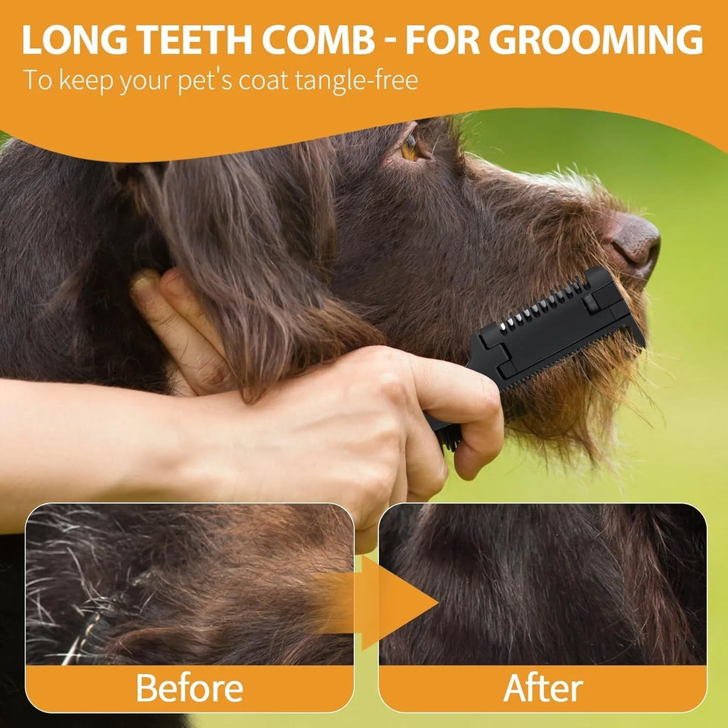 Pet razor comb with comb teeth and integrated grooming blade for dogs and cats.