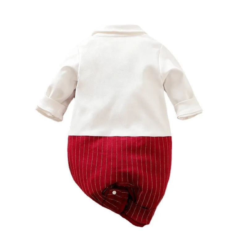 Wine red cotton baby boy romper suit with long sleeves and single-breasted closure.