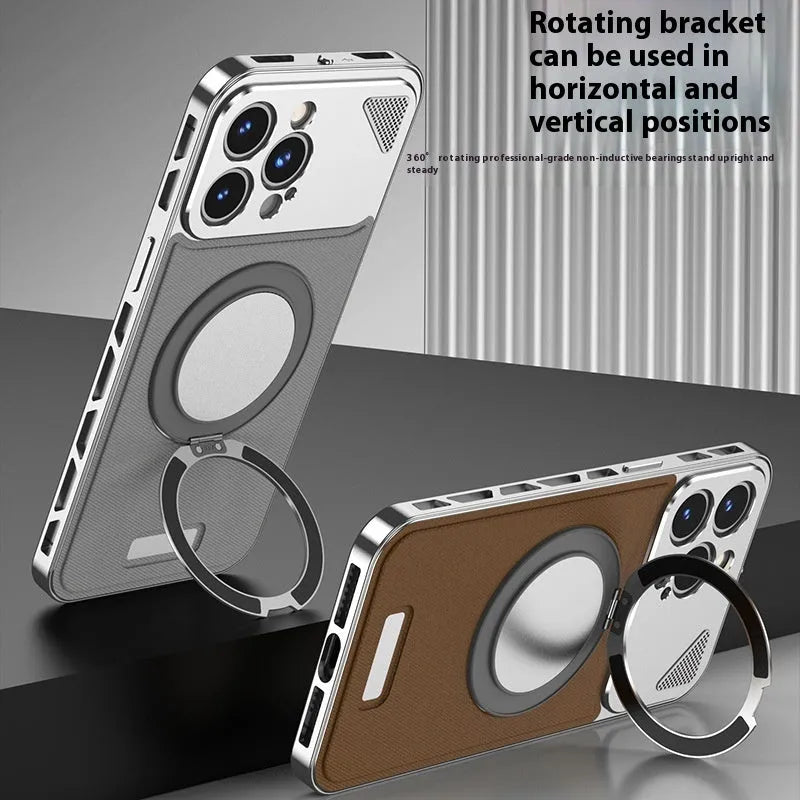 Aluminium alloy leather phone case with rotating bracket and magnetic suction for Apple iPhone, black brown colour