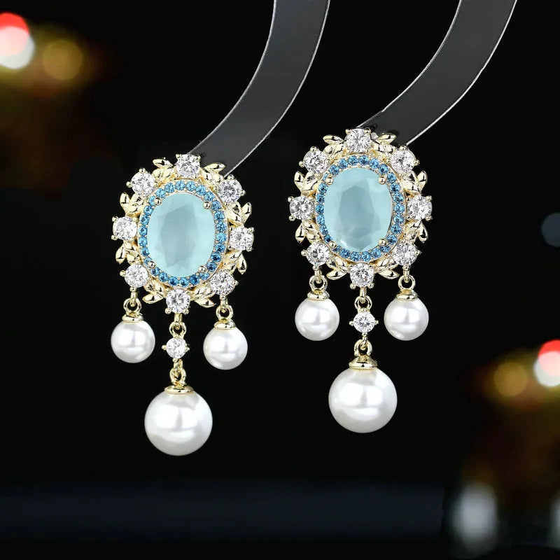 Oval geometric zircon and pearl tassel earrings in light purple colour option