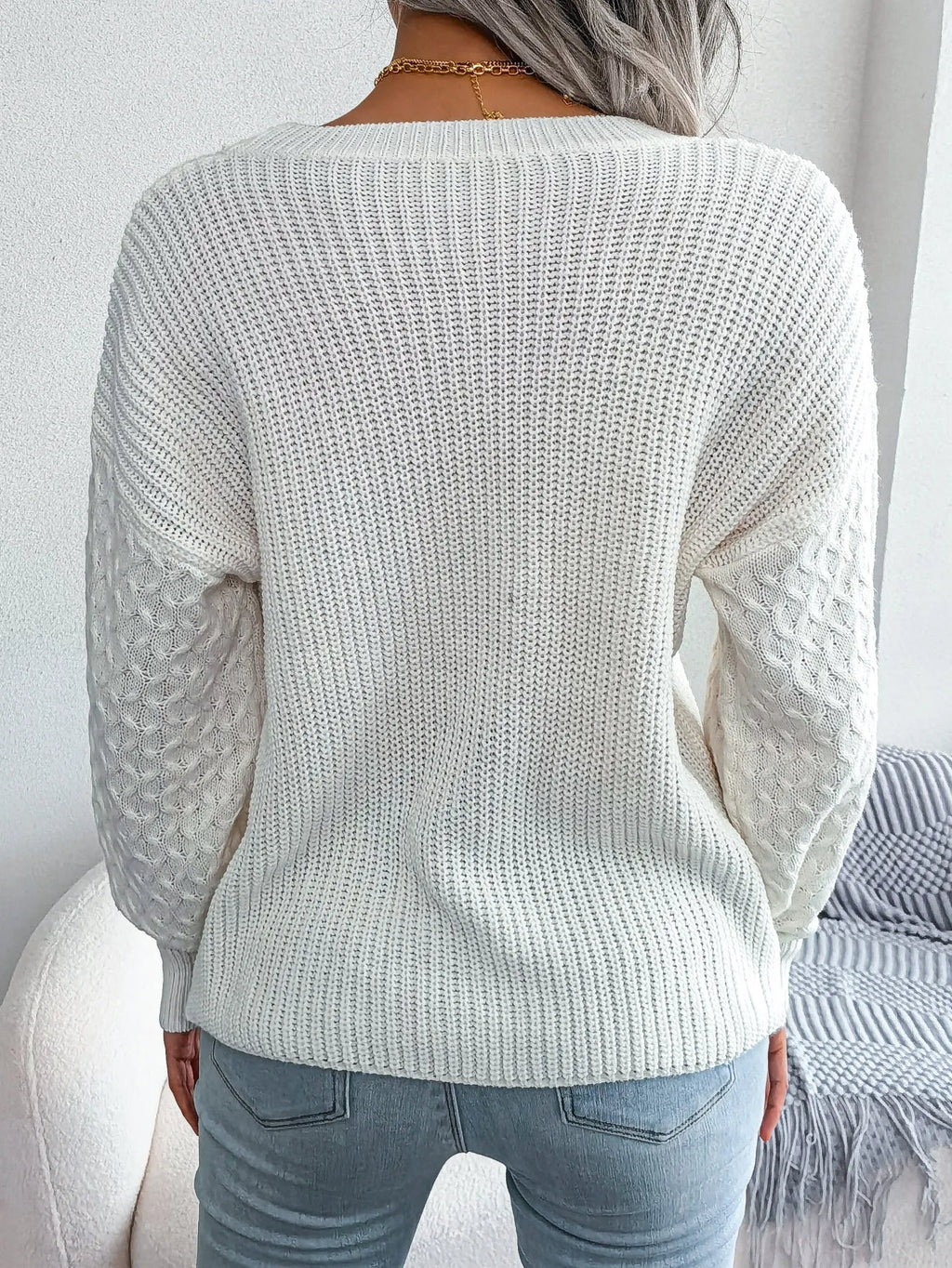 Casual lantern sleeve knitted sweater in loose fit with polka dot pattern and 3D texture, round neck pullover style, available in Khaki