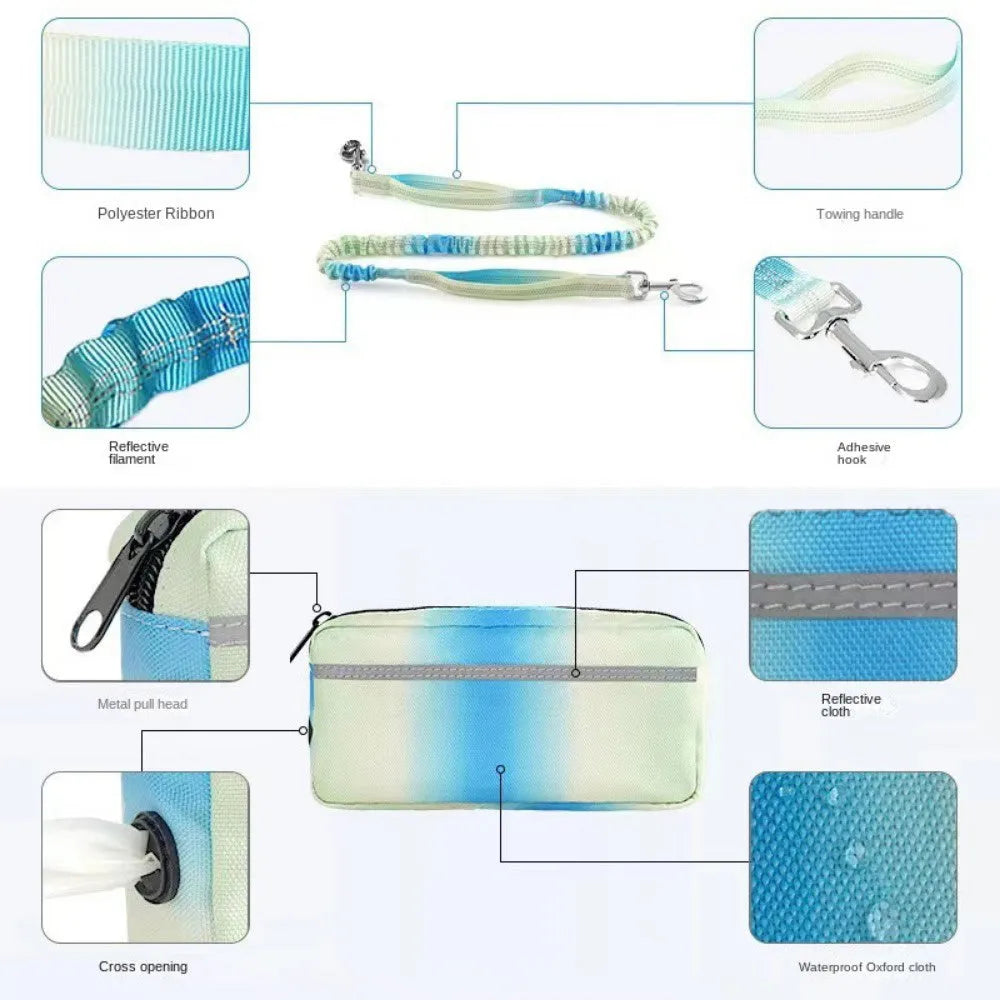 Blue hands-free dog leash with adjustable waist belt and traction rope for walking and running