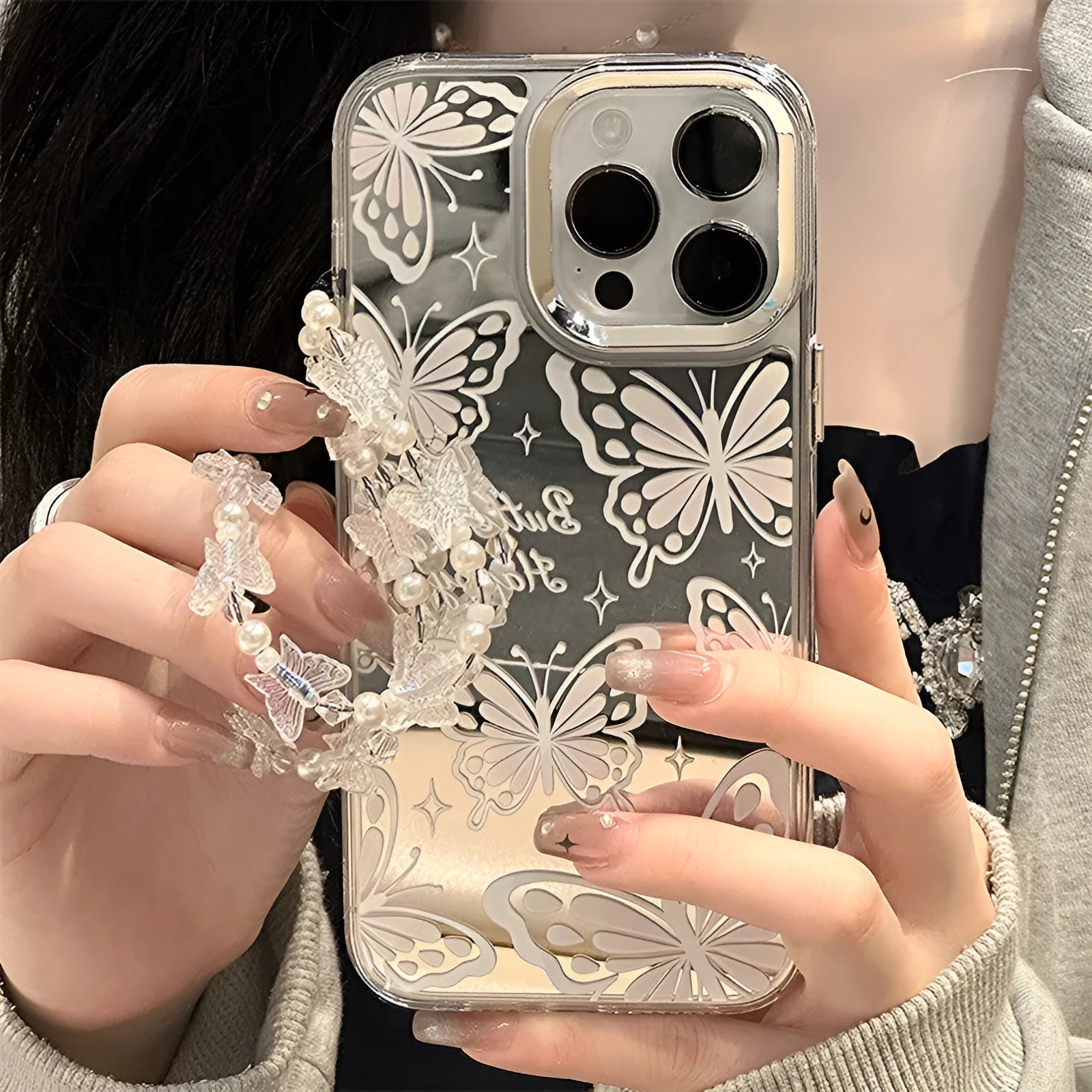 Transparent three-in-one mirror iPhone case with detachable bow bracelet for iPhone 15 Pro Max
