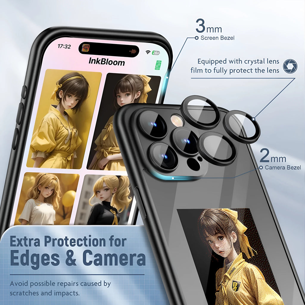 Black iPhone 15 Pro flip case with NFC ink screen for custom DIY designs