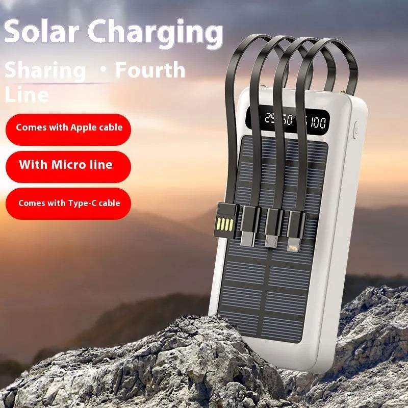 Solar power bank with cable showing industrial design in black, white, and green colours