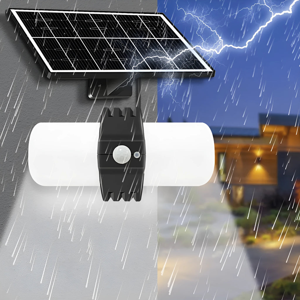 Black outdoor solar floodlight with motion sensor on wall bracket