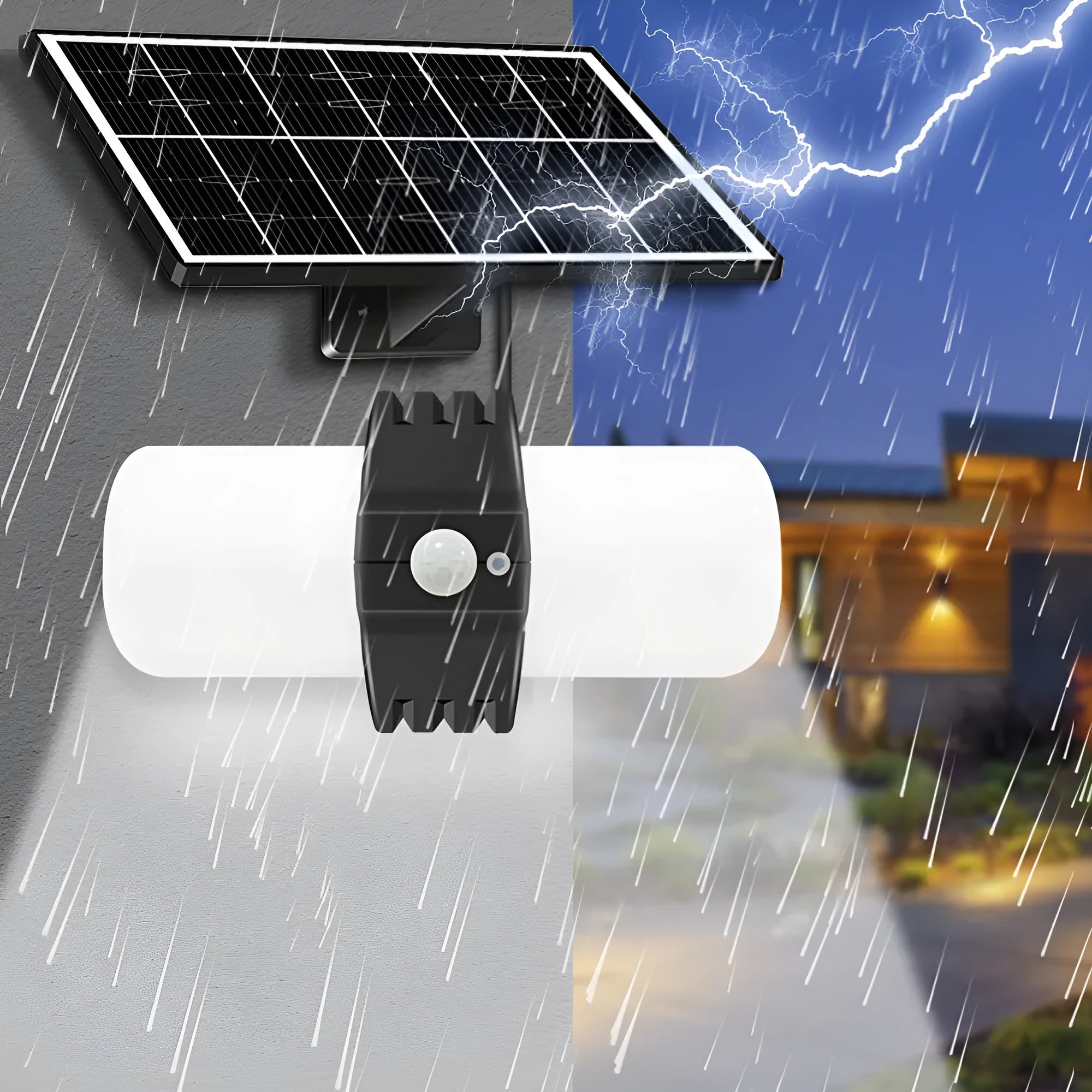 Black outdoor solar floodlight with motion sensor on wall bracket