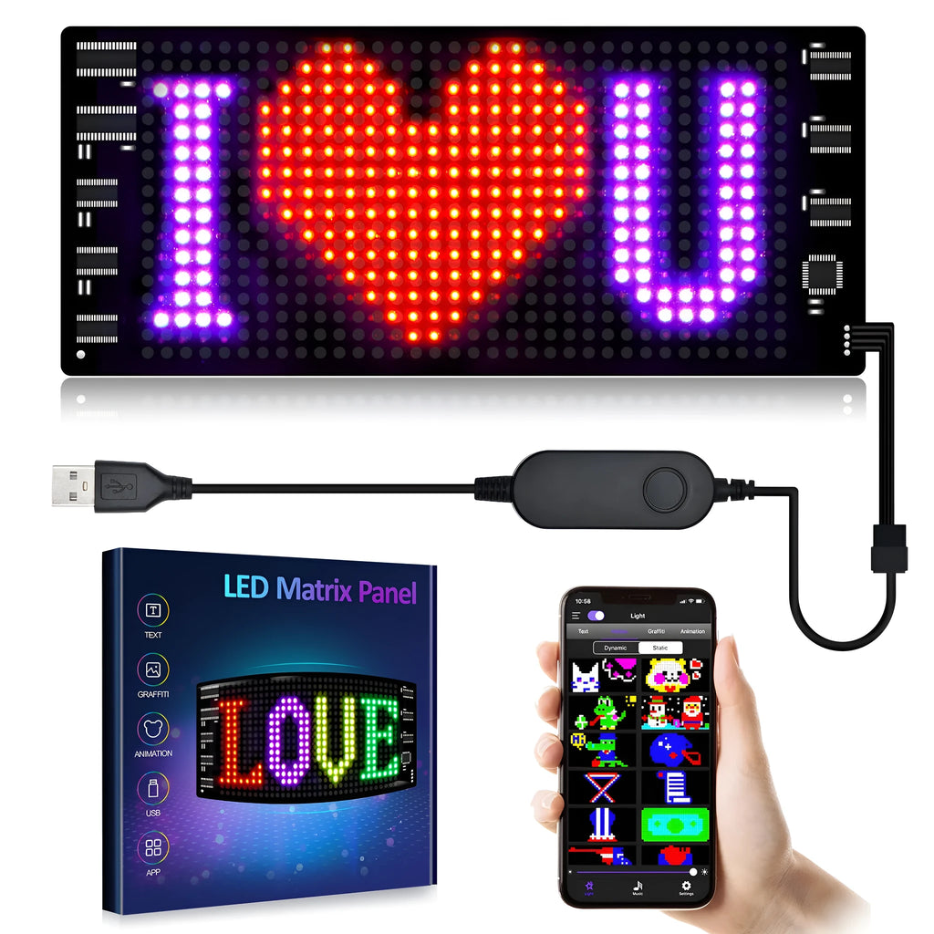 Programmable flexible LED car sign displaying custom animated text on a 7x17cm screen.