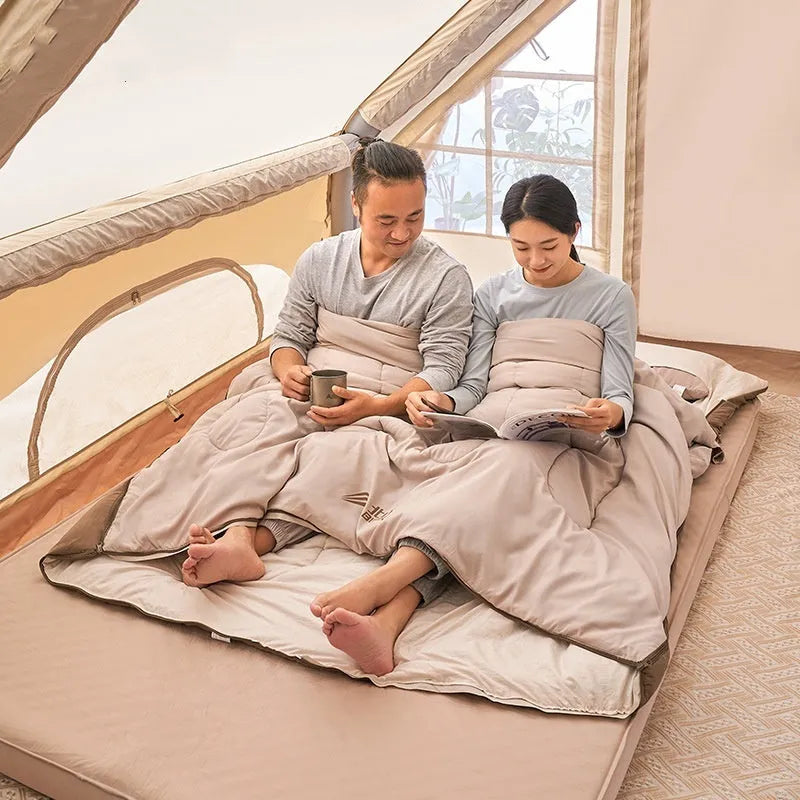Double sleeping bag in coffee gray with 210T polyester shell and washed cotton lining, 2.6kg or 3.2kg