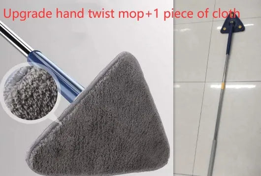 Blue triangle cleaning mop with rotating head and extendable stainless steel pole on tile floor