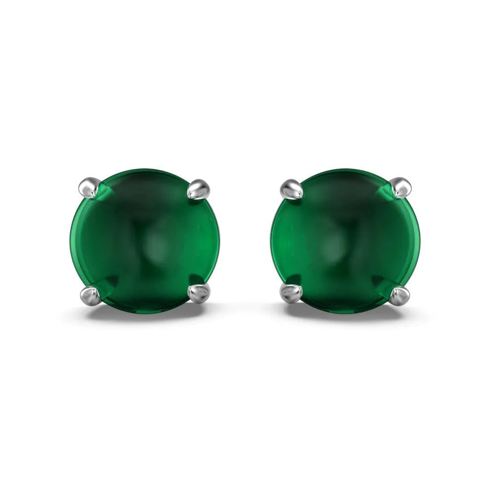 Retro S925 sterling silver green chalcedony stud earrings with platinum electroplated finish, geometric round shape