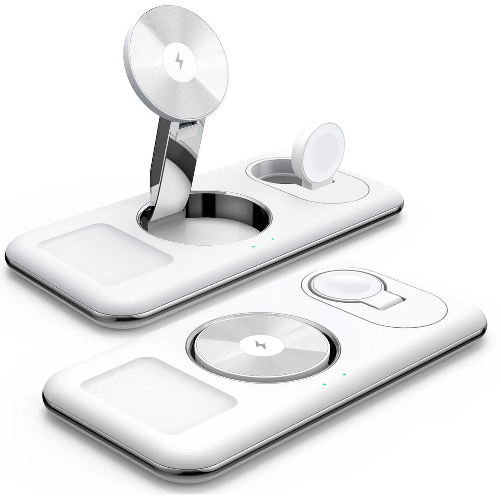 Folding magnetic wireless charger desktop bracket in white or black, 3-in-1, Type-C, 15W phone output, FOD protection.