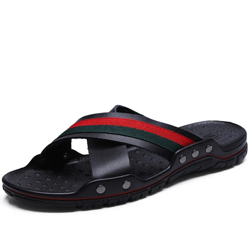 Men's white cowhide and PU flip-flop sandals on a plain background