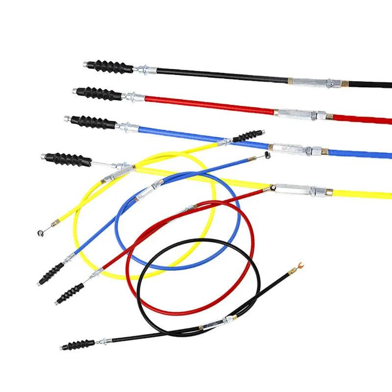 Four coloured motorcycle control cables (black, blue, red, yellow) each 0.98m long for Apollo 110-125cc engines.