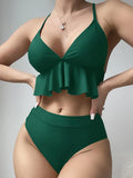 Women's solid colour split bikini swimsuit in polyester fabric on a mannequin