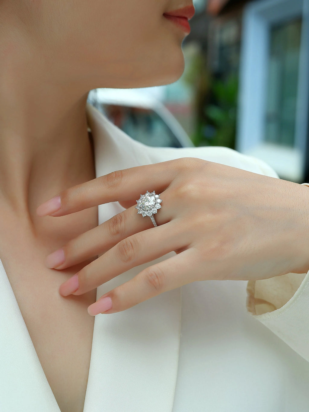 Sunflower 3 carat moissanite wedding ring set in platinum-plated S925 silver in gift box