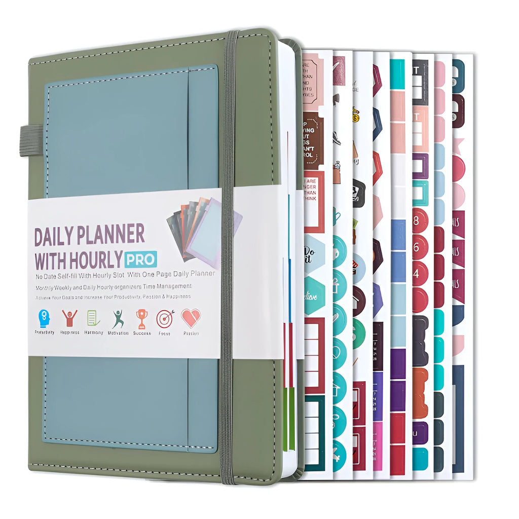 No date notebook with elastic strap closed, showing PU cover in a choice of colours including purple, green, and pink.