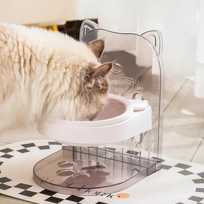 Grey adjustable height cat feeding bowl with ear design and neck protection