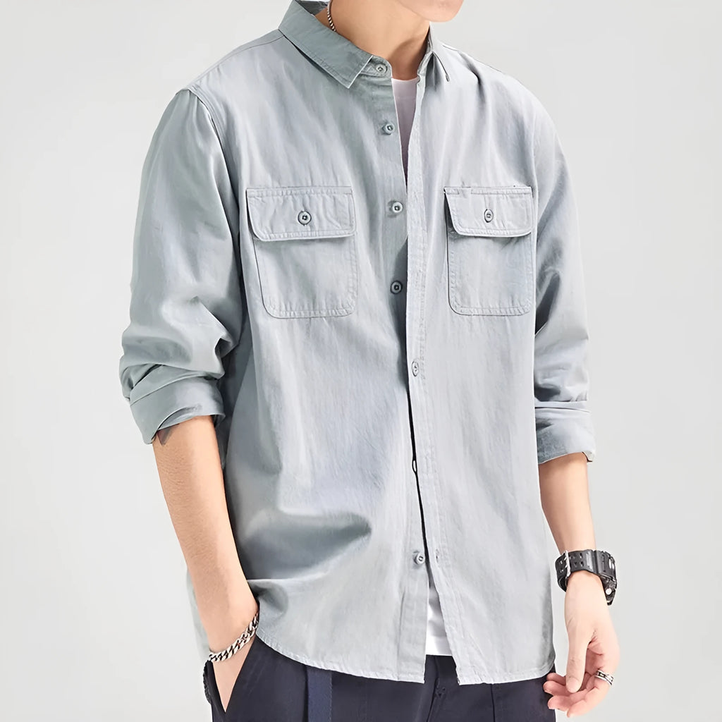 Men's loose fit long sleeve polyester overall shirt in light grey.