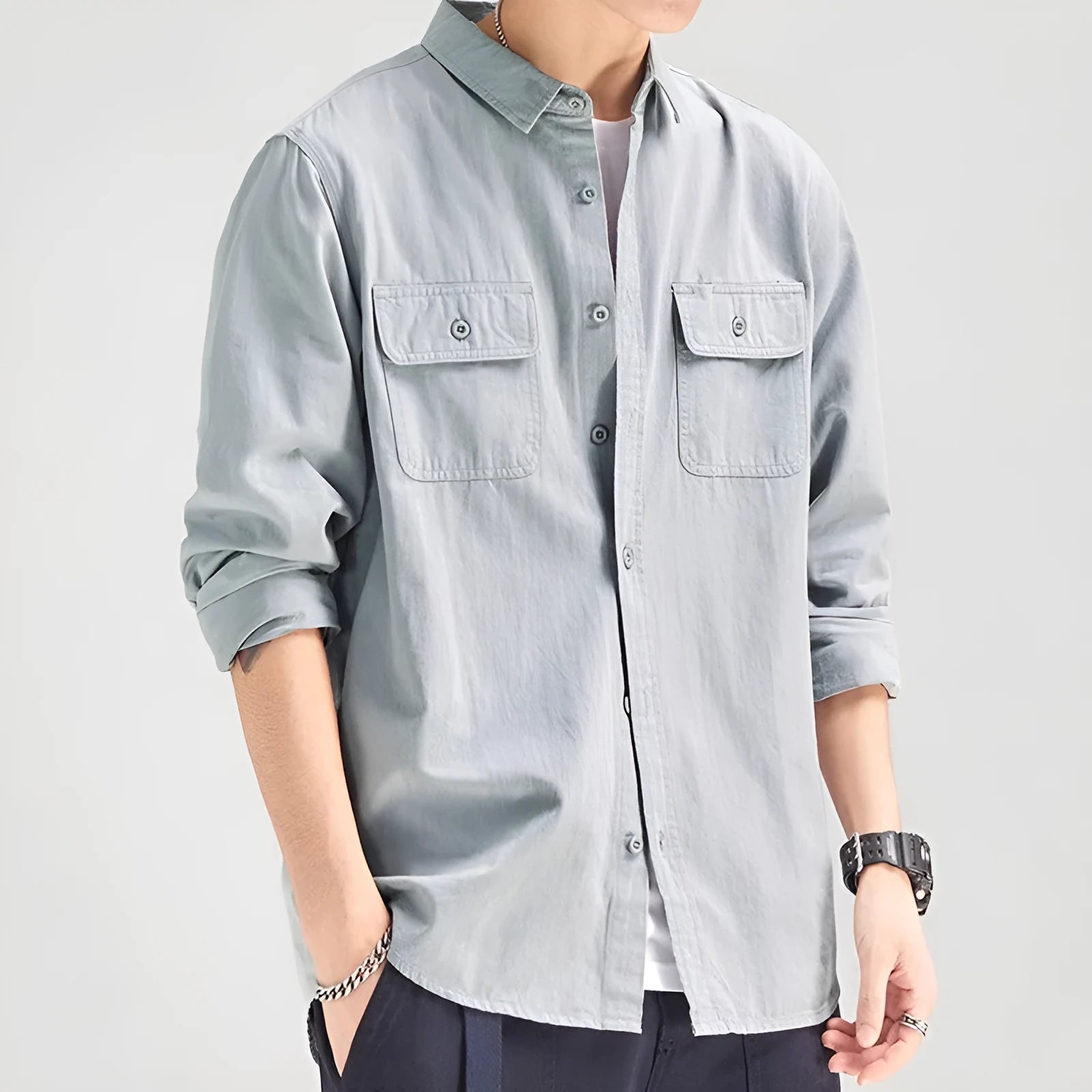 Men's loose fit long sleeve polyester overall shirt in light grey.