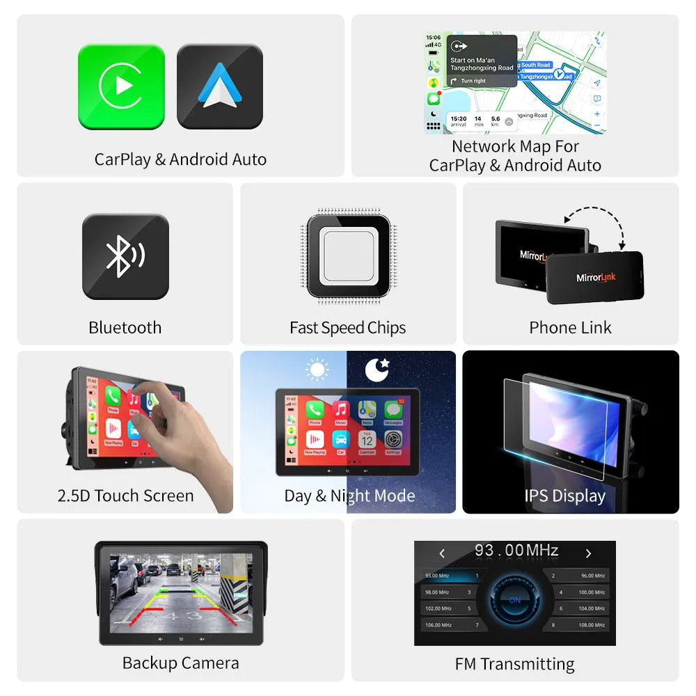 7 inch universal wireless CarPlay display with cigarette lighter power adapter and suction cup mount