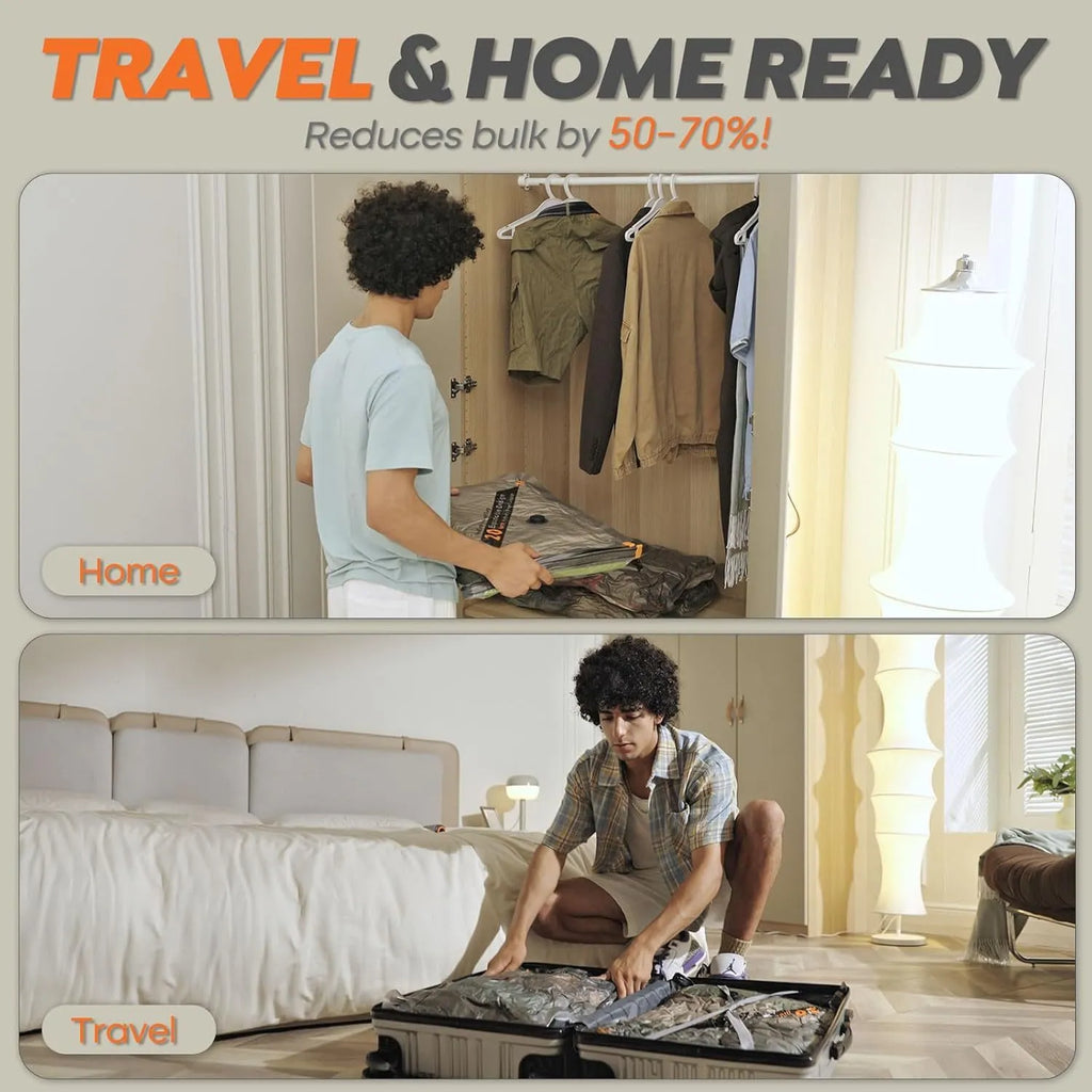 Vacuum compression bag set with PA PE material in three sizes and a white electric suction pump on a suitcase