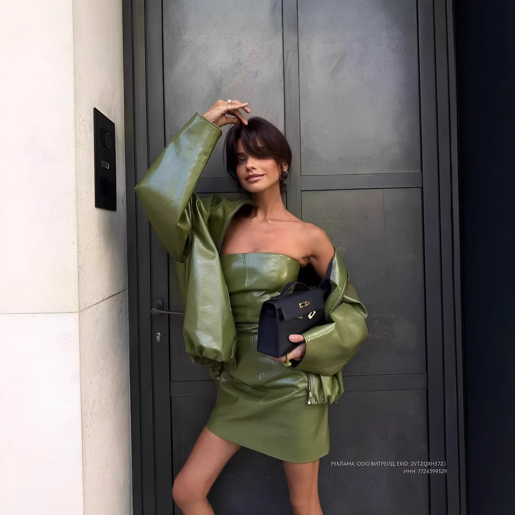 Green PU leather jacket and strapless dress set in cotton polyester, sizes S M L, street hipster style