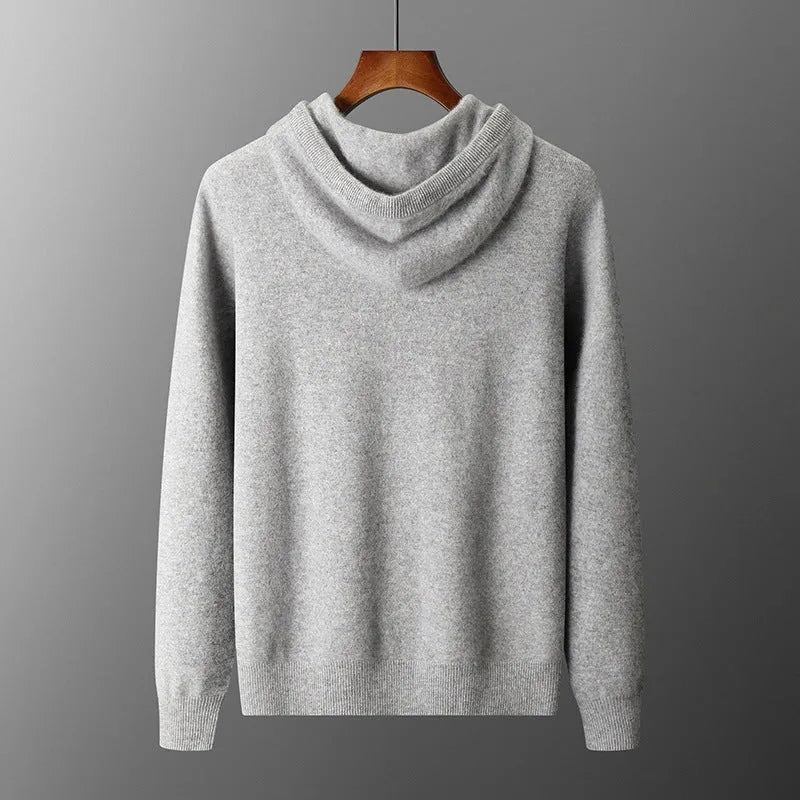 Men's light grey cashmere knitted hoodie and trousers casual winter set.