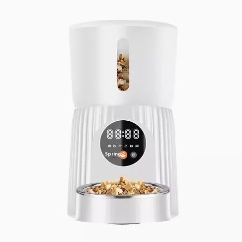 Black and white automatic pet feeder with digital display and USB connection