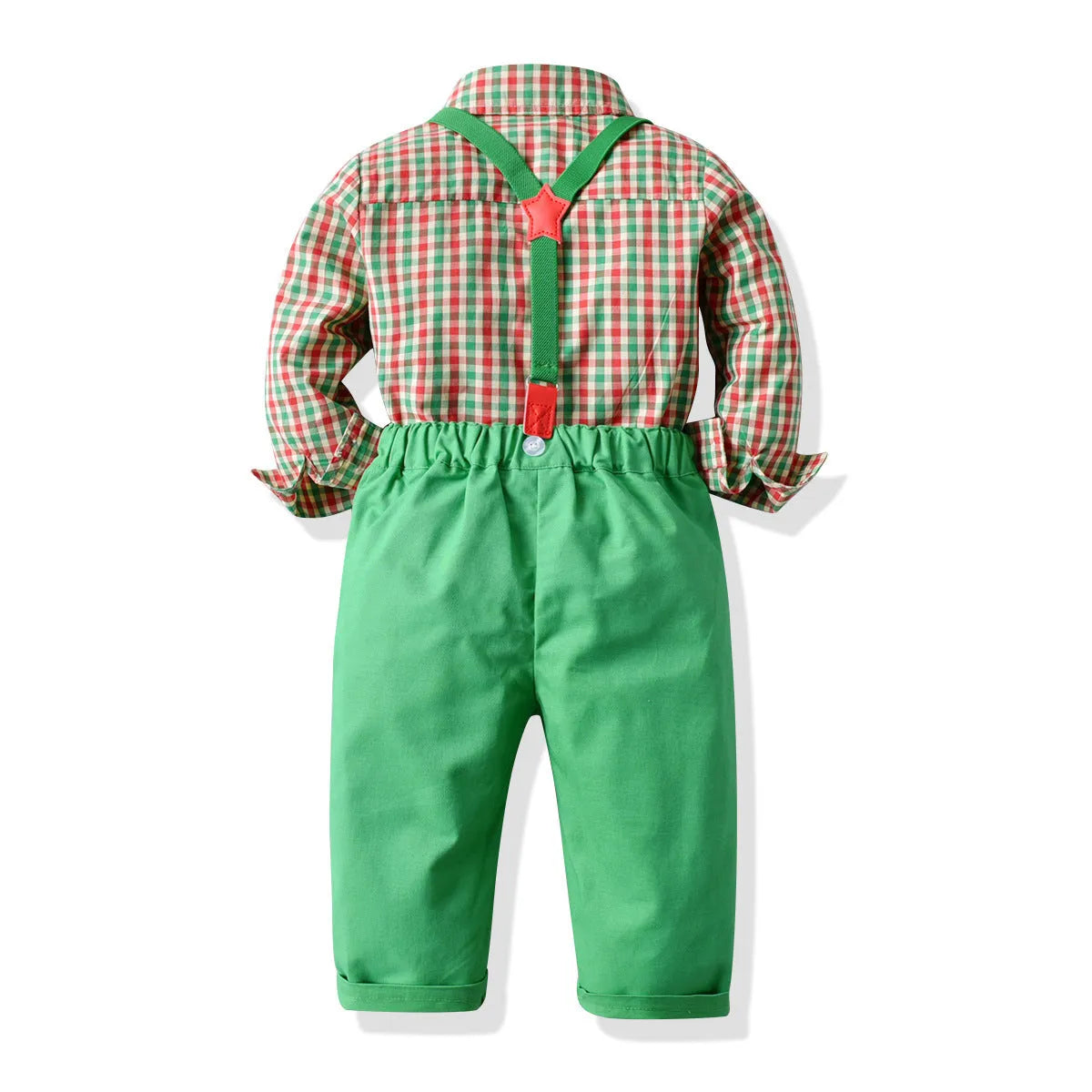 Boys green plaid long-sleeved shirt and overalls set on child model