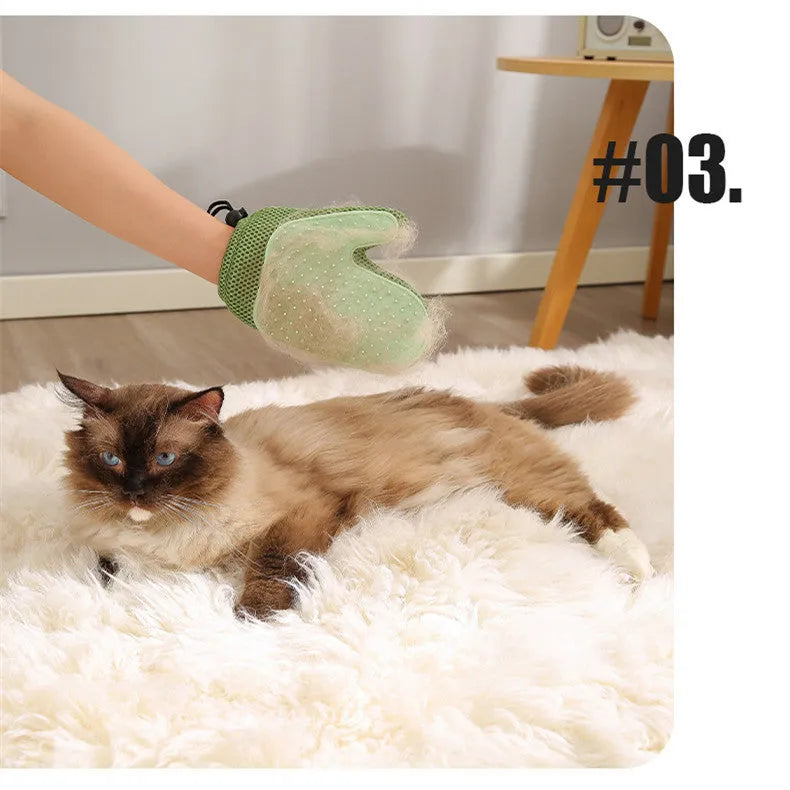 2-in-1 floating hair removal pet grooming glove in blue, pink or green, mesh and TPR, for dogs and cats