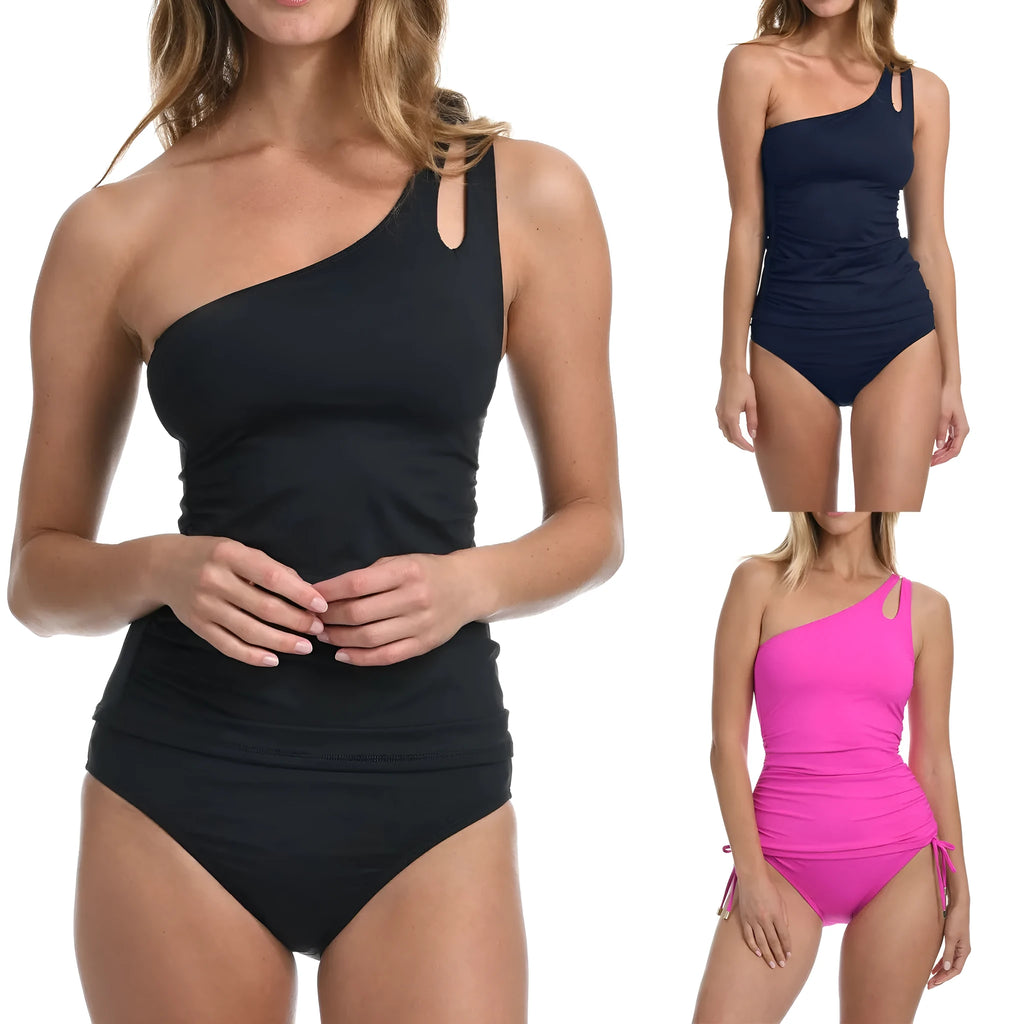 Adult women's solid colour monokini swimsuit with shoulder straps on a mannequin.