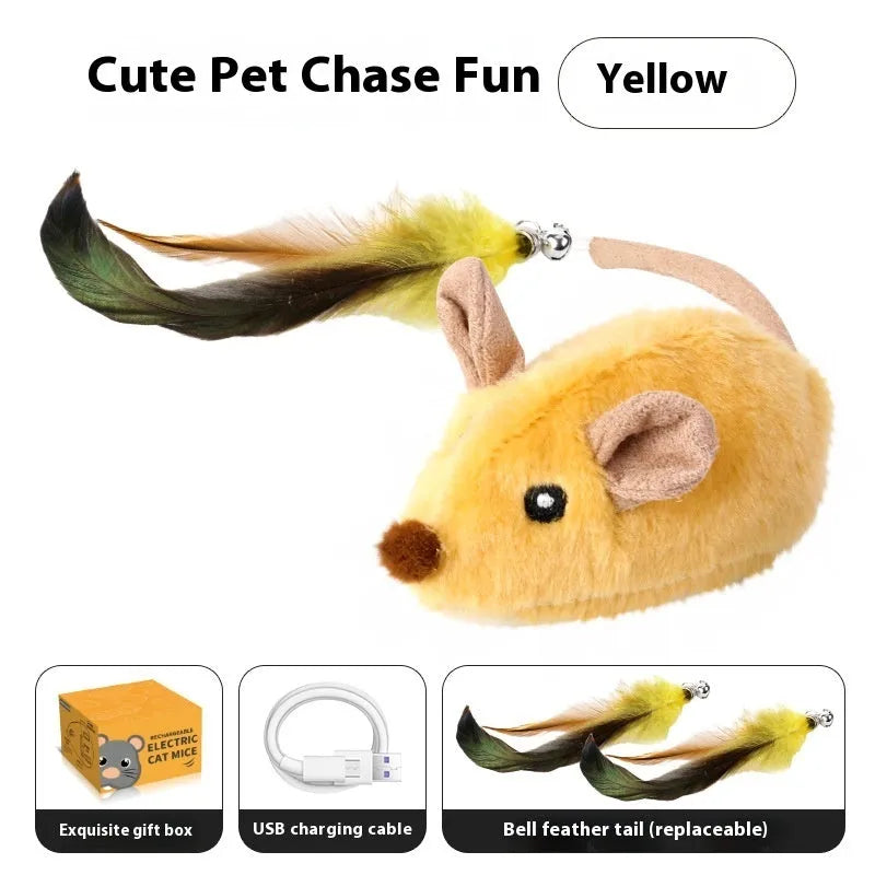 Grey charging simulation electric mouse cat toy with double tail decoration and feather attachment